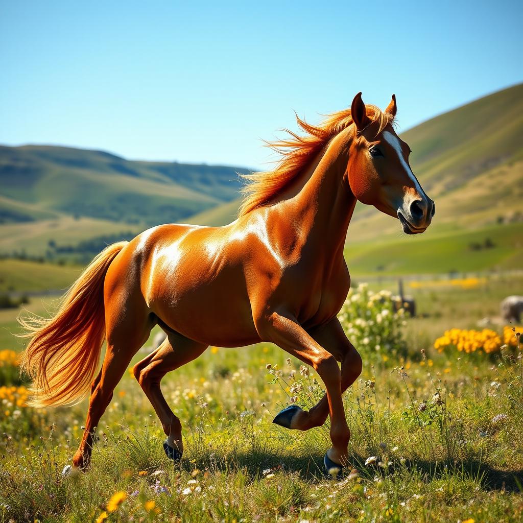 A majestic horse galloping through a sunlit meadow, its mane flowing in the wind