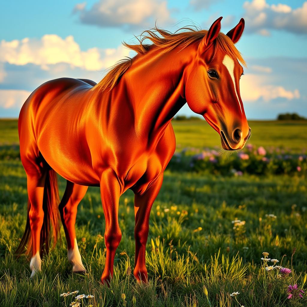 A stunning, majestic horse standing in a vibrant green meadow during golden hour