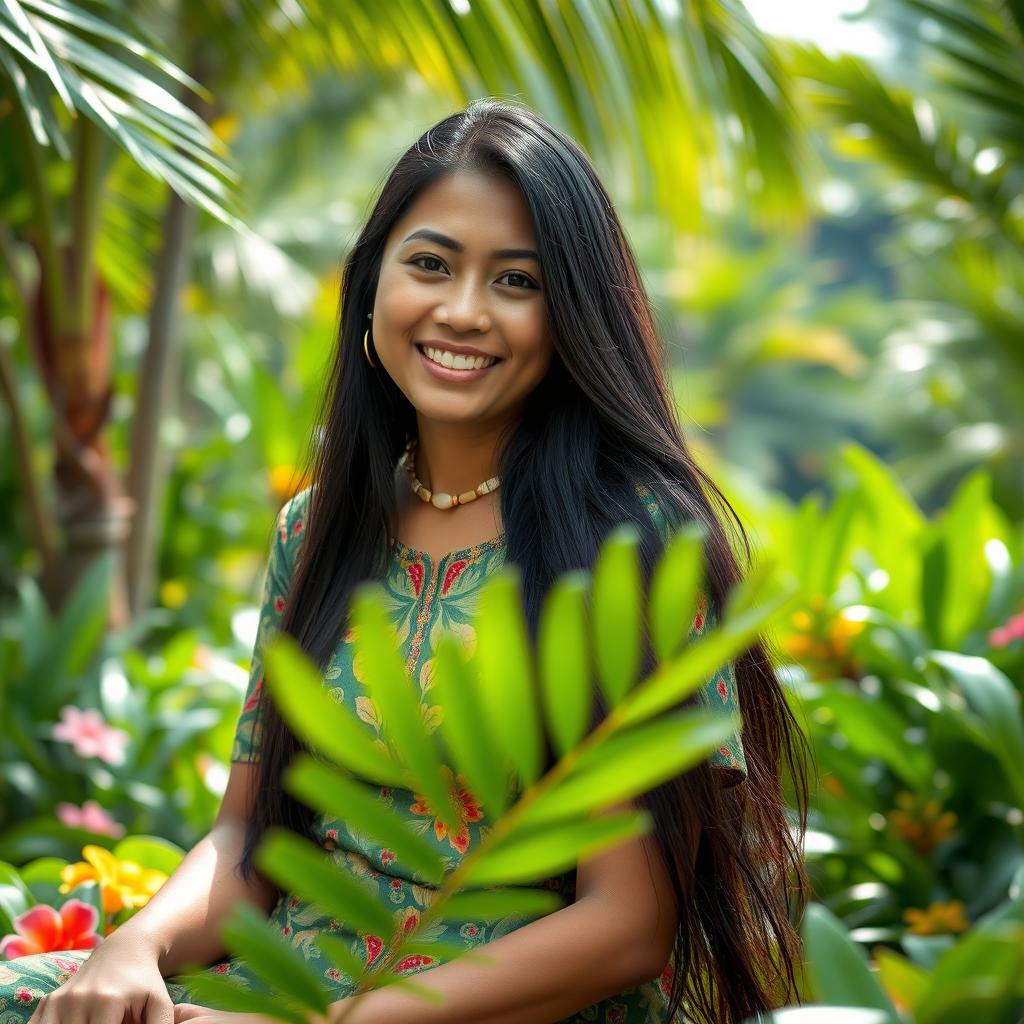 A beautiful Indonesian woman with long, flowing black hair and warm, inviting brown skin