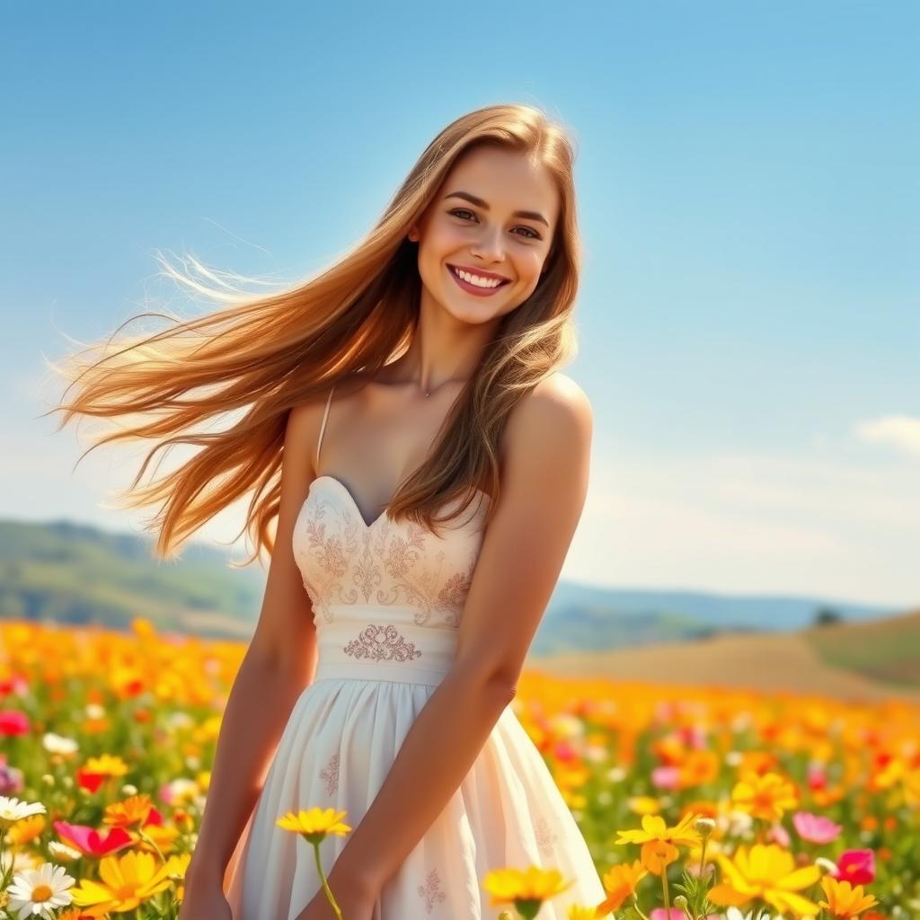 A beautiful young woman with flowing long hair, wearing an elegant dress, standing in a vibrant field of flowers that bloom in various colors