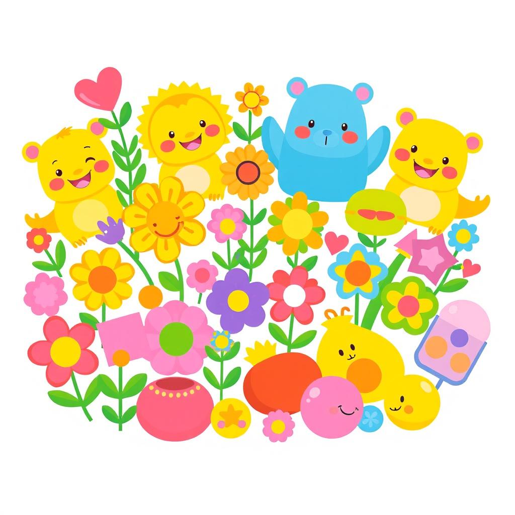 Colorful, cheerful clipart featuring a variety of fun elements such as smiling cartoon animals, vibrant flowers, whimsical shapes, and playful objects