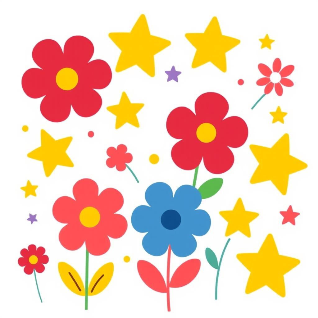 A vibrant and colorful clipart illustration featuring a variety of elements like flowers, stars, and abstract shapes