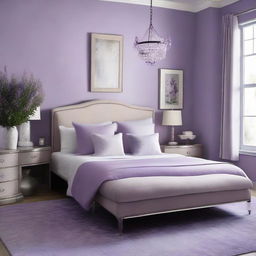 Redesign the 19 x 12 ft bedroom with an elegant mixture of lavender, lilac, and deep purple hues. These colors should be balanced throughout the room, creating a calming and sophisticated ambiance.