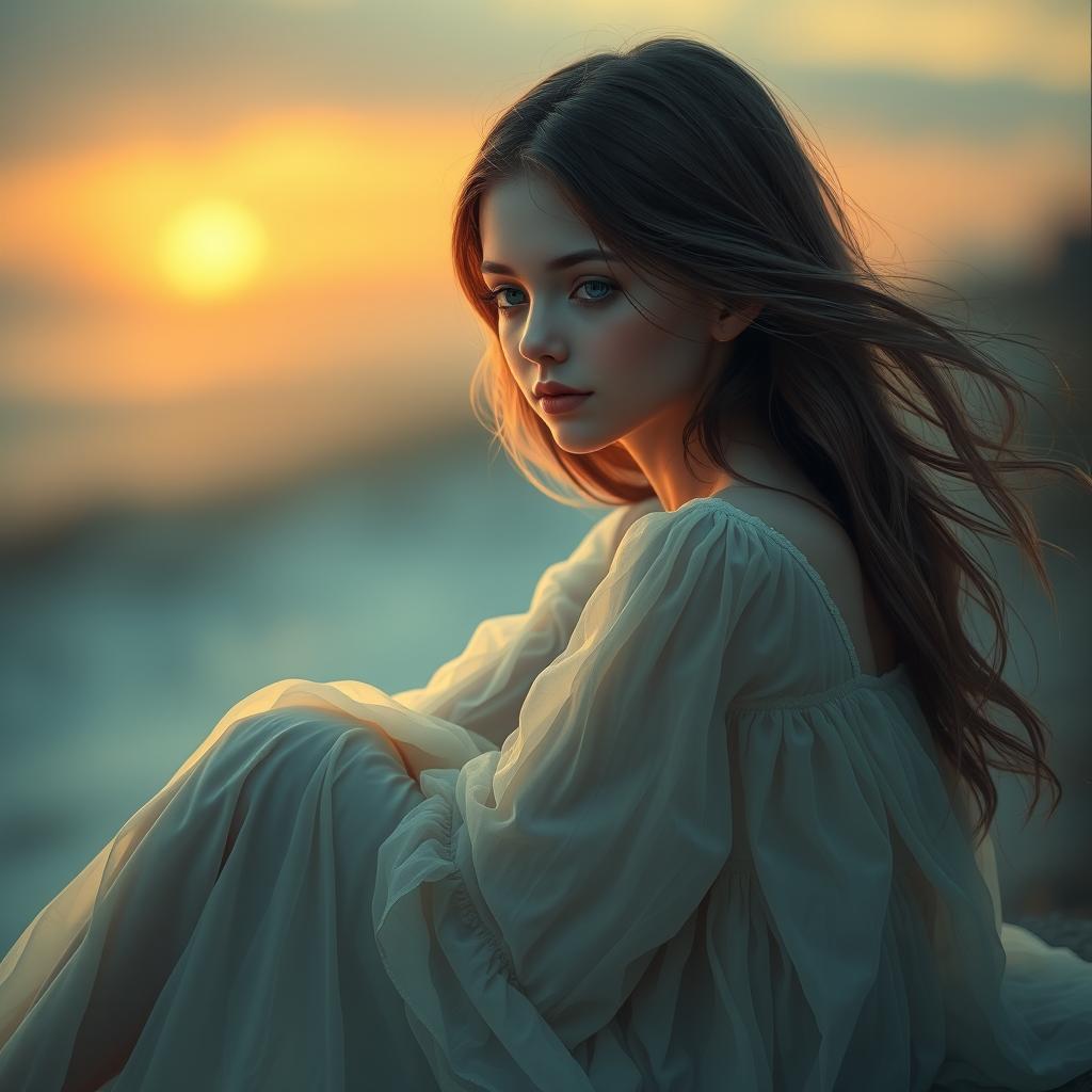 A beautiful girl sitting in a serene setting, her expression reflective and melancholic