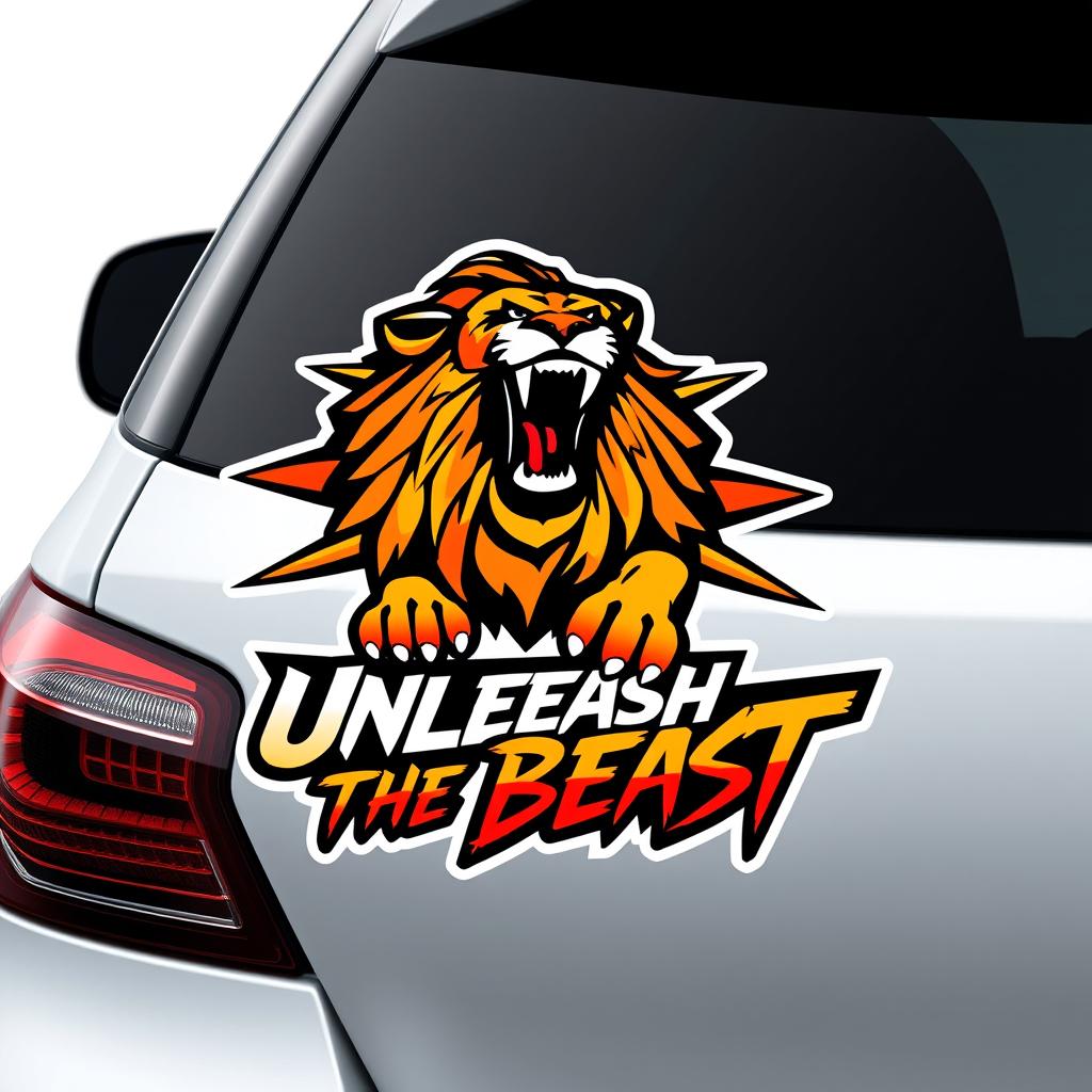 A vibrant and eye-catching car sticker design that features a stylized graphic of a roaring lion with a modern, geometric aesthetic