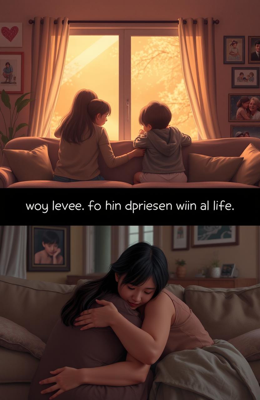 An emotional scene depicting the themes of love and depression, focusing on family love and the power of the mind