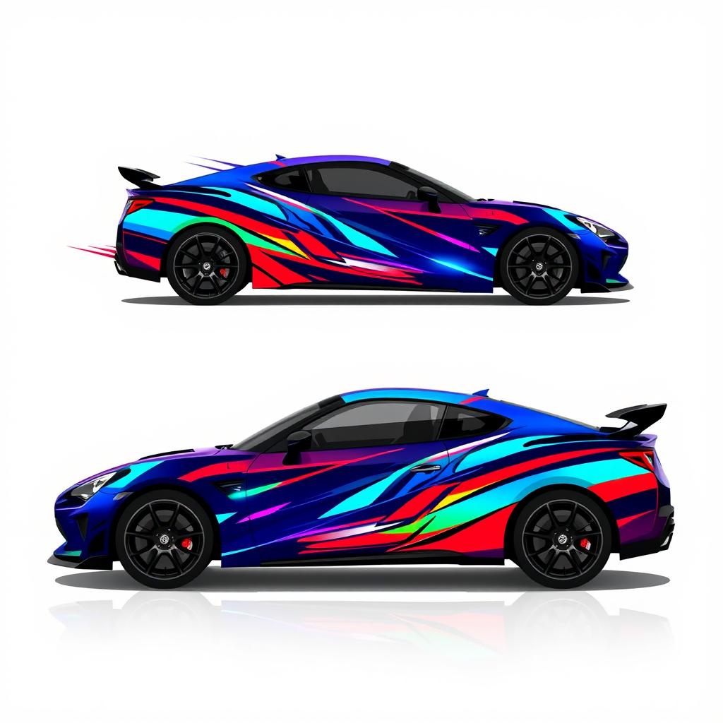 A sleek and dynamic vector graphic design for a sports car decal wrap, featuring bold geometric patterns and gradients in vibrant colors like electric blue, fiery red, and neon green