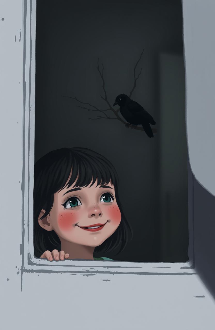A little girl with bright red cheeks and a sprinkle of freckles, smiling subtly as she gazes out of a window