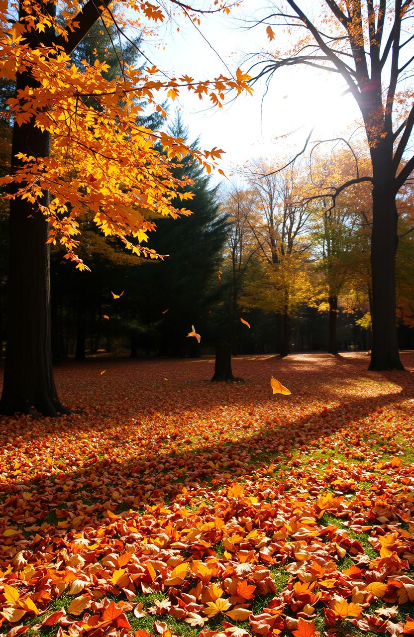 A serene autumn landscape showcasing leaves falling from trees
