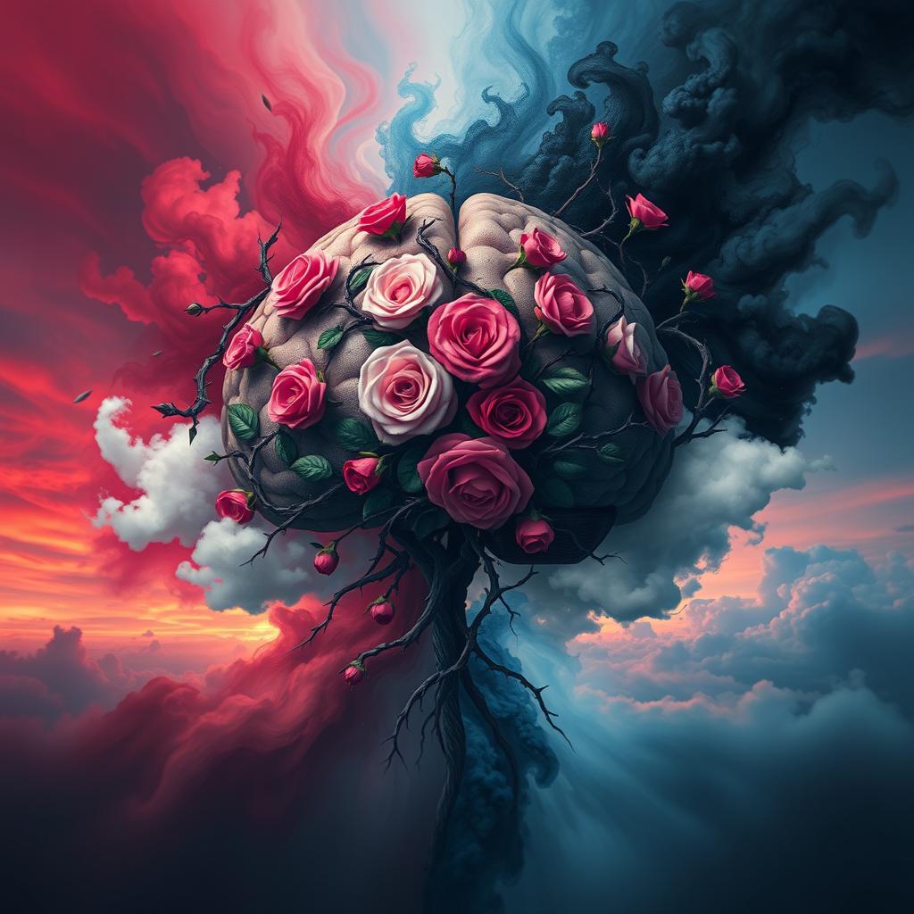 An abstract representation of love and depression intertwined in the mind