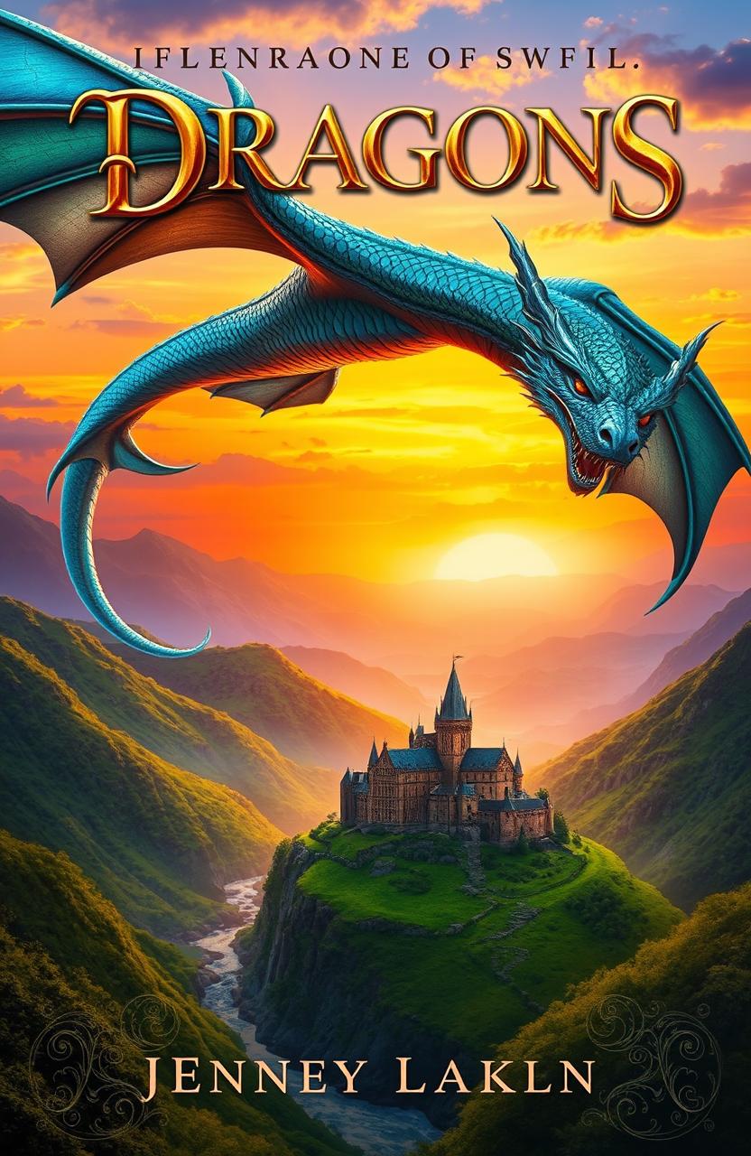 A captivating cover design for a fantasy novel, featuring a majestic dragon soaring above a mystical landscape