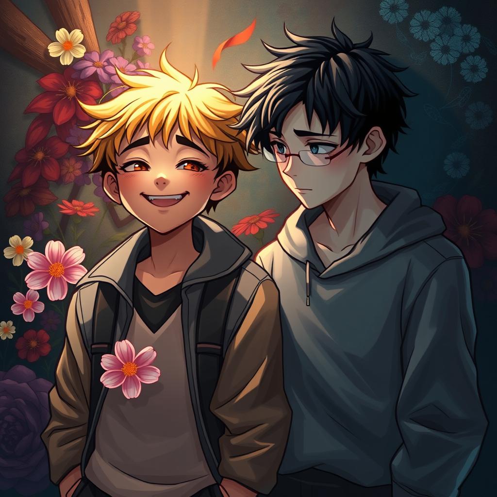 An intricate and emotional scene depicting two boys representing love and depression in a person's life