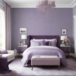 Redesign the 19 x 12 ft bedroom with an elegant mixture of lavender, lilac, and deep purple hues. These colors should be balanced throughout the room, creating a calming and sophisticated ambiance.