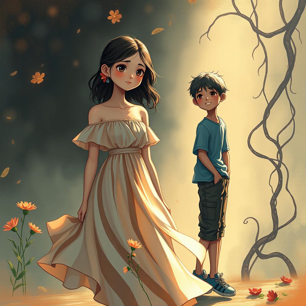 An evocative scene capturing the emotional complexity of love and depression involving a girl and two boys in her life