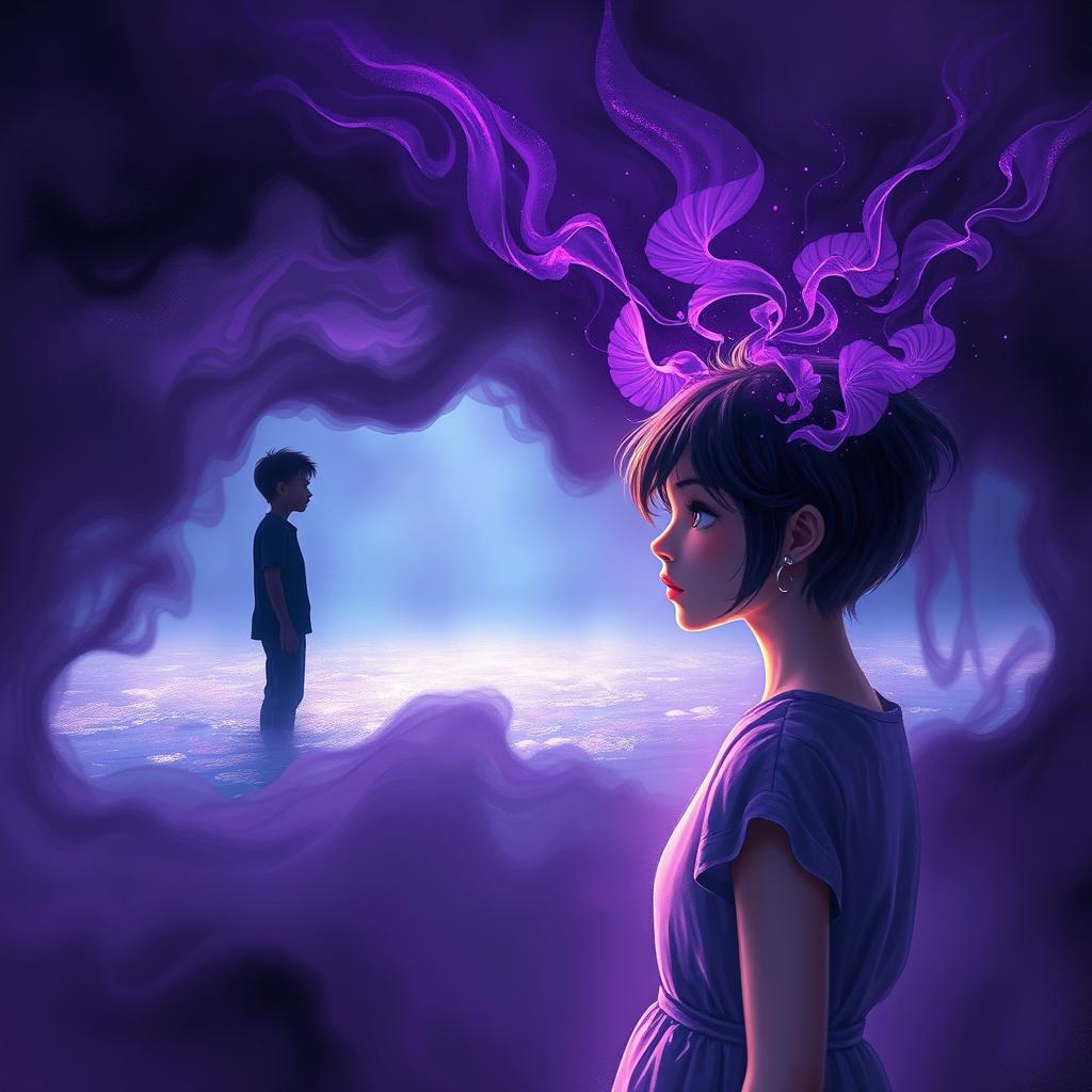 A captivating scene illustrating a mental landscape filled with shades of purple, black, and blue, representing complex emotions and thoughts