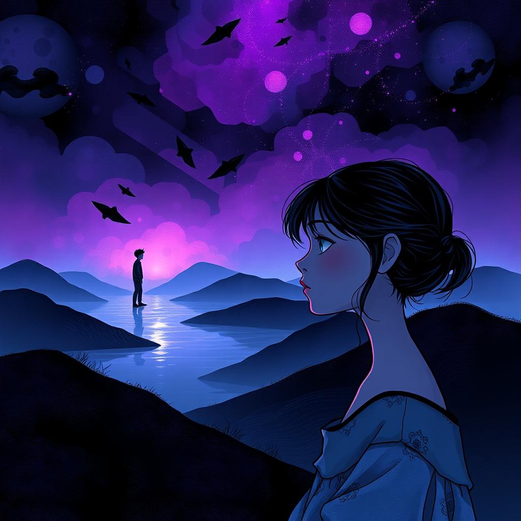 A beautifully illustrated scene for a book cover, depicting a mental landscape infused with deep shades of purple, black, and blue, representing emotions and thoughts