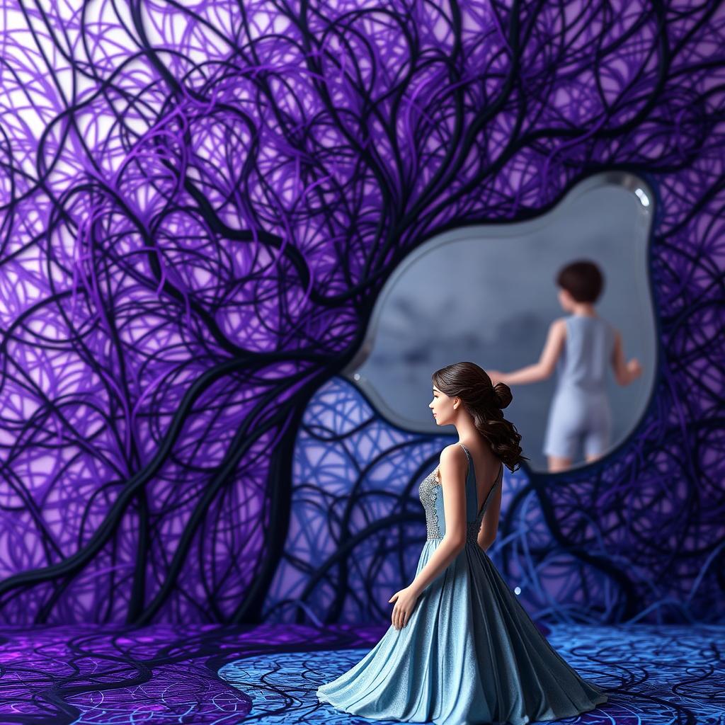 A visually engaging book cover scene showcasing a mental landscape characterized by fine, thread-like patterns in shades of purple, black, and blue