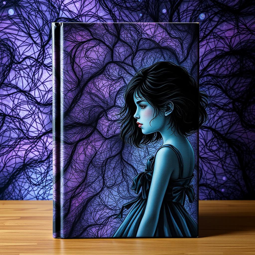 An expansive and mesmerizing book cover design portraying a mental landscape with delicate, thread-like patterns in rich shades of purple, black, and blue, symbolizing deep thoughts and emotions