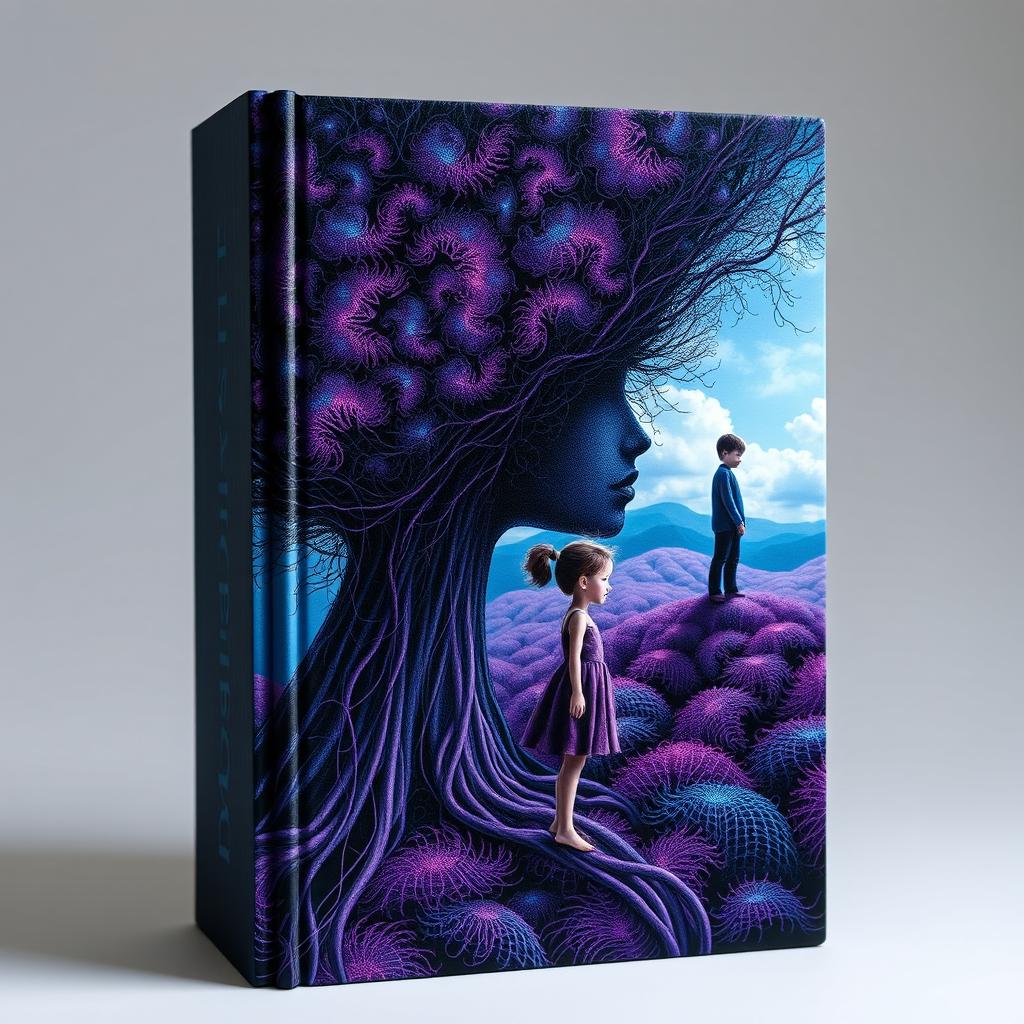 An intricately designed book cover depicting a mental landscape featuring delicate, thread-like patterns in vibrant shades of purple, black, and blue, symbolizing the complexity of thoughts and emotions