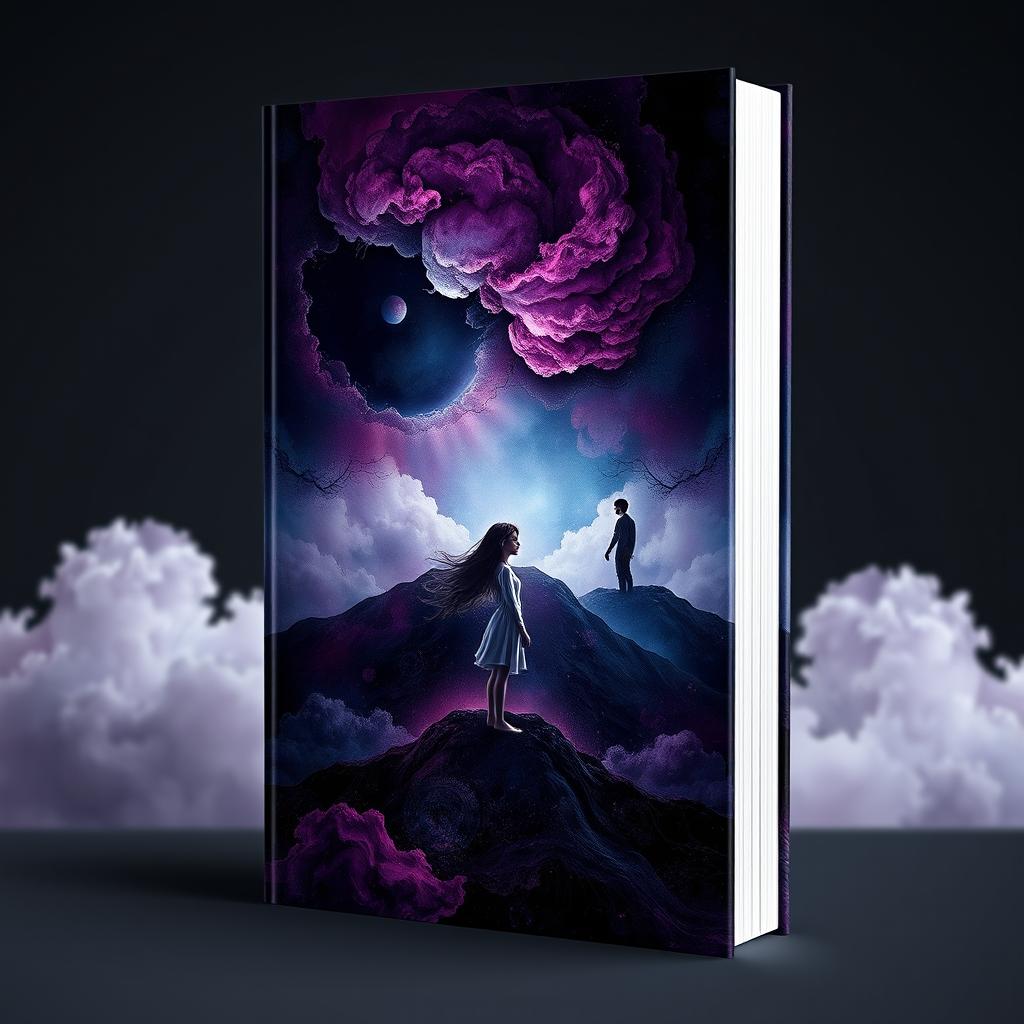 A captivating book cover design showcasing a mental landscape filled with an abstract interplay of colors in rich shades of purple, black, and blue, symbolizing the complexity of thoughts and emotions