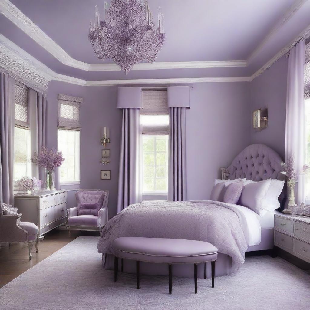 Redesign the 19 x 12 ft bedroom with an elegant mixture of lavender, lilac, and deep purple hues. These colors should be balanced throughout the room, creating a calming and sophisticated ambiance.