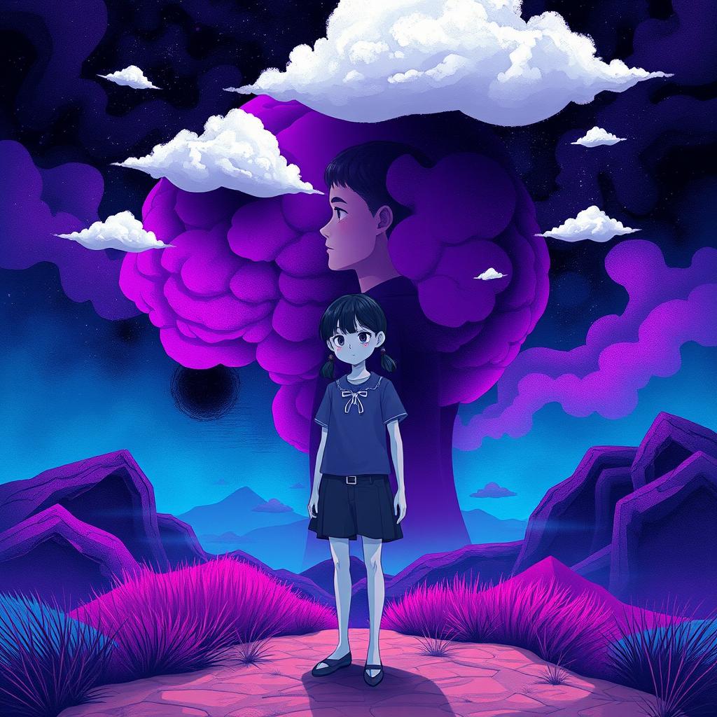 A visually striking illustration depicting a mental landscape filled with vibrant hues of purple, black, and blue, representing the complexity of thoughts and emotions