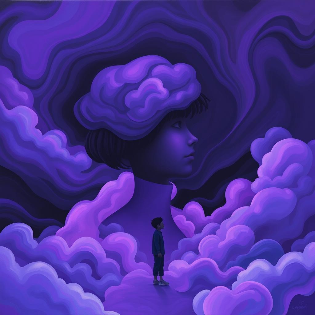 A vivid and thought-provoking scene highlighting a mentality depicted through a color palette of purple, black, and blue
