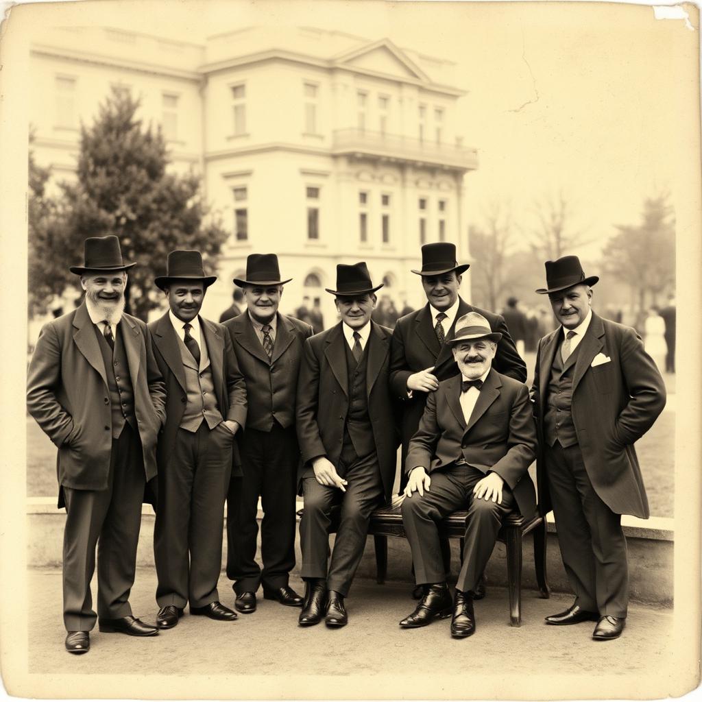 A vintage black and white photograph depicting a group of distinguished gentlemen from the early 20th century