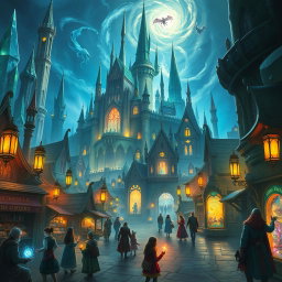 A vibrant fantasy city where magic is visibly integrated into everyday life, featuring towering structures made of crystal, glowing streets illuminated by enchanted lanterns, and shops selling magical artifacts