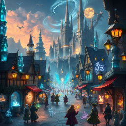 A vibrant fantasy city where magic is visibly integrated into everyday life, featuring towering structures made of crystal, glowing streets illuminated by enchanted lanterns, and shops selling magical artifacts