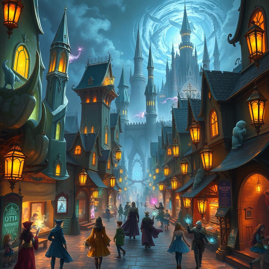 A vibrant fantasy city where magic is visibly integrated into everyday life, featuring towering structures made of crystal, glowing streets illuminated by enchanted lanterns, and shops selling magical artifacts