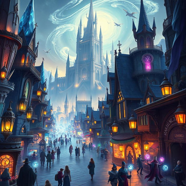 A vibrant fantasy city where magic is visibly integrated into everyday life, featuring towering structures made of crystal, glowing streets illuminated by enchanted lanterns, and shops selling magical artifacts