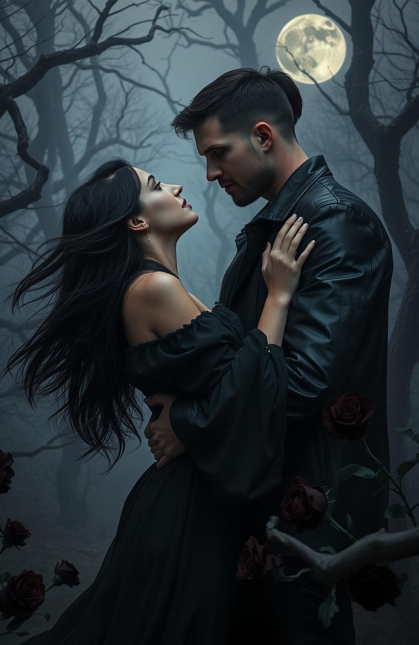 A hauntingly beautiful scene of a dark romance, featuring a mysterious couple entwined in an embrace in a misty forest at twilight