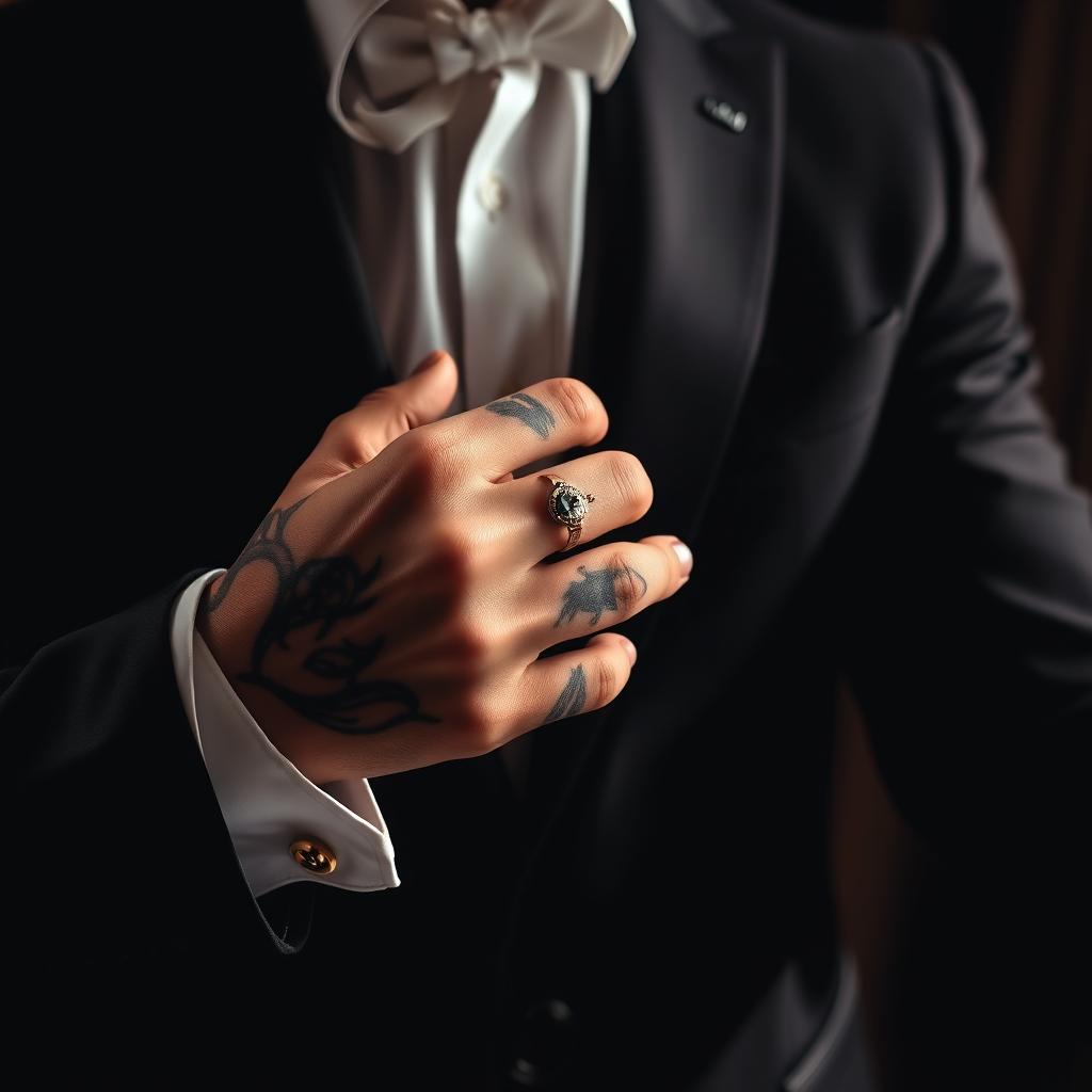 A close-up of a man's torso in a well-tailored suit, focusing on the moment he adjusts his elegant cufflinks