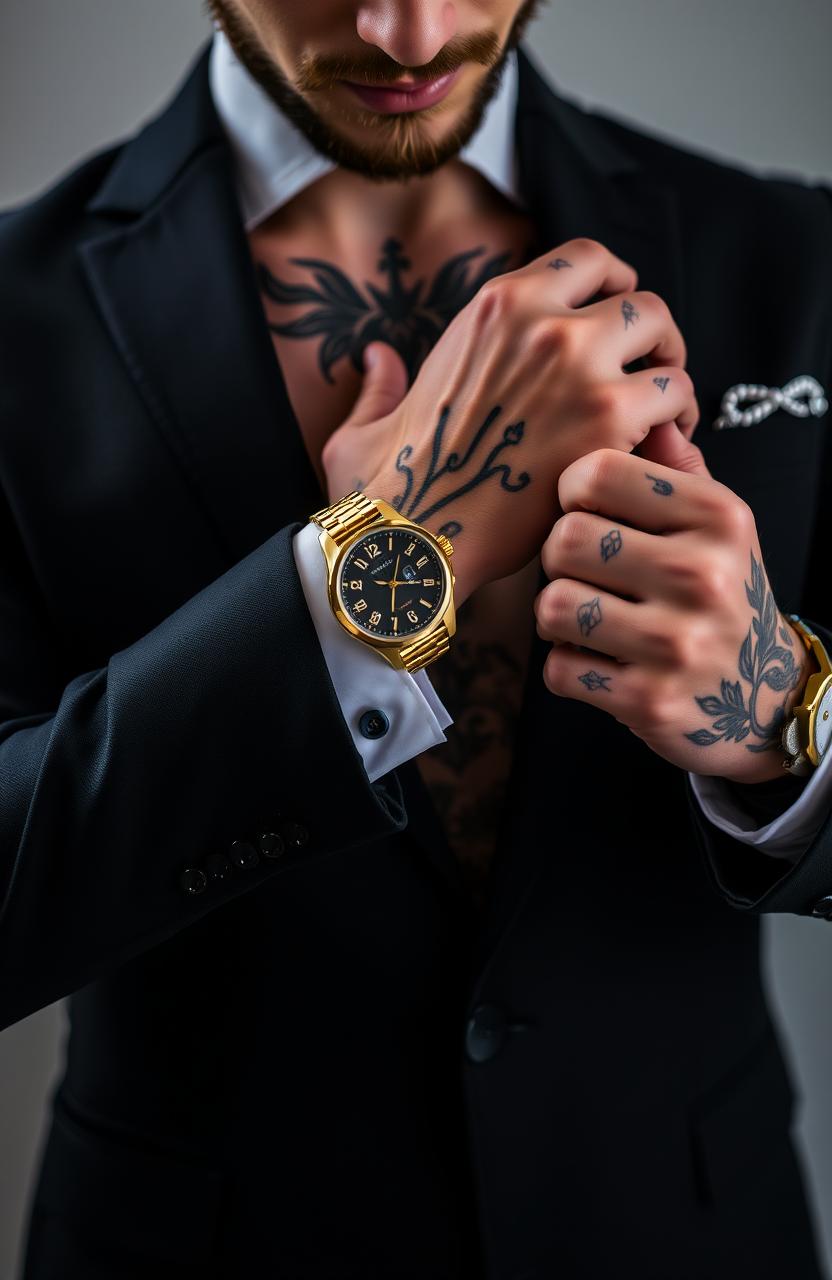 A stylish man in a tailored suit, focusing on fixing his cufflinks