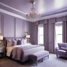 Redesign the 19 x 12 ft bedroom with an elegant mixture of lavender, lilac, and deep purple hues. These colors should be balanced throughout the room, creating a calming and sophisticated ambiance.