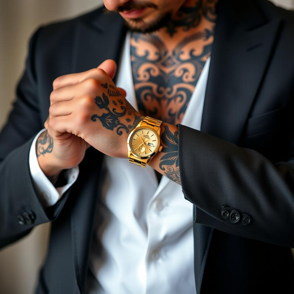 A stylish man in a tailored suit, focusing on fixing his cufflinks