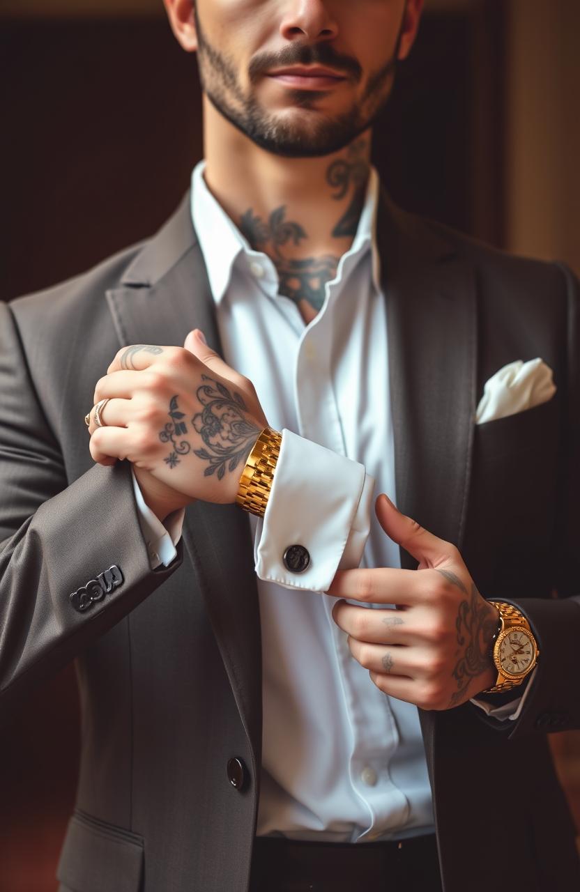A 30-year-old man in an expensive tailored suit, only the torso is visible as he adjusts his stylish cufflinks