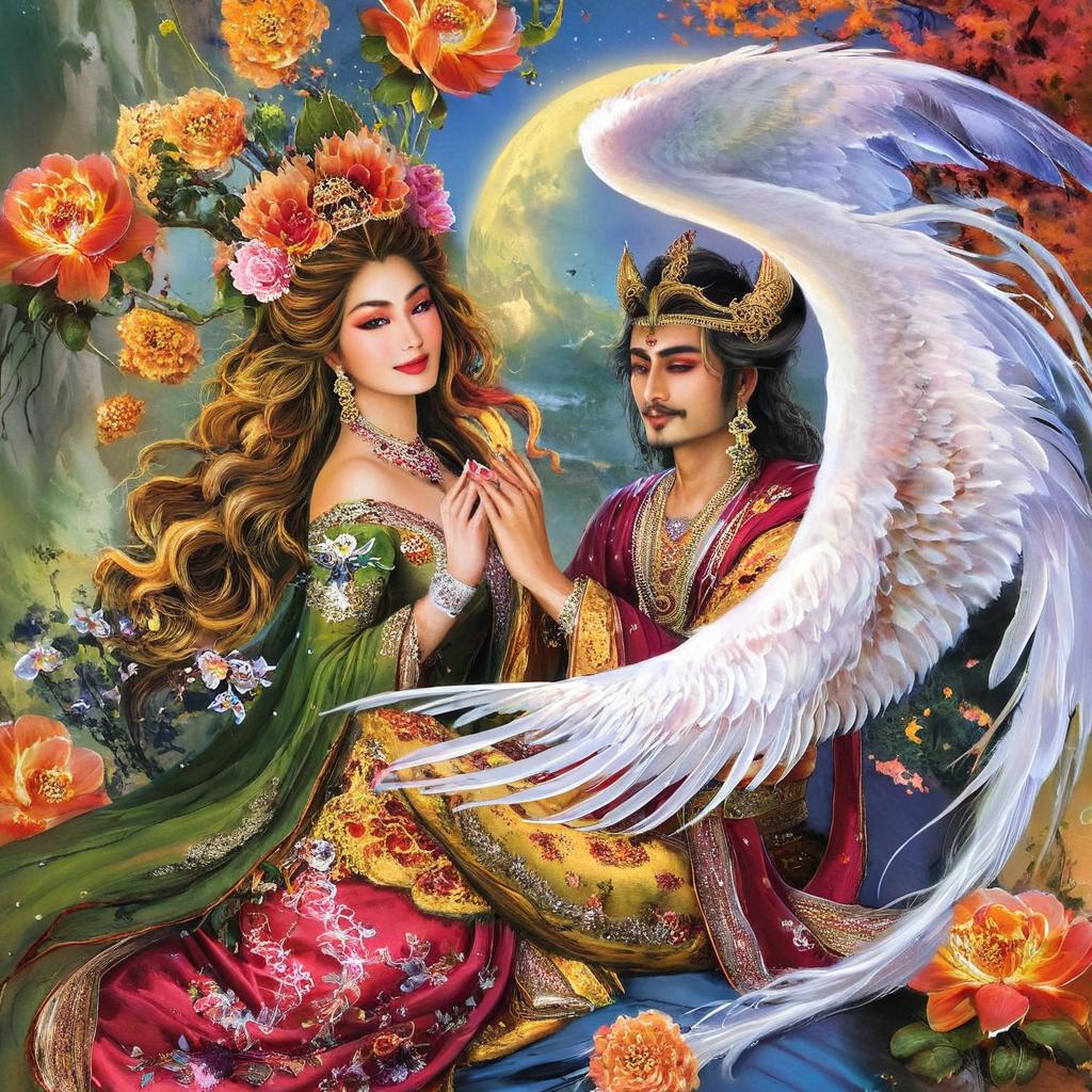 Ethereal Harmony: Woman and Swan Deity Artwork