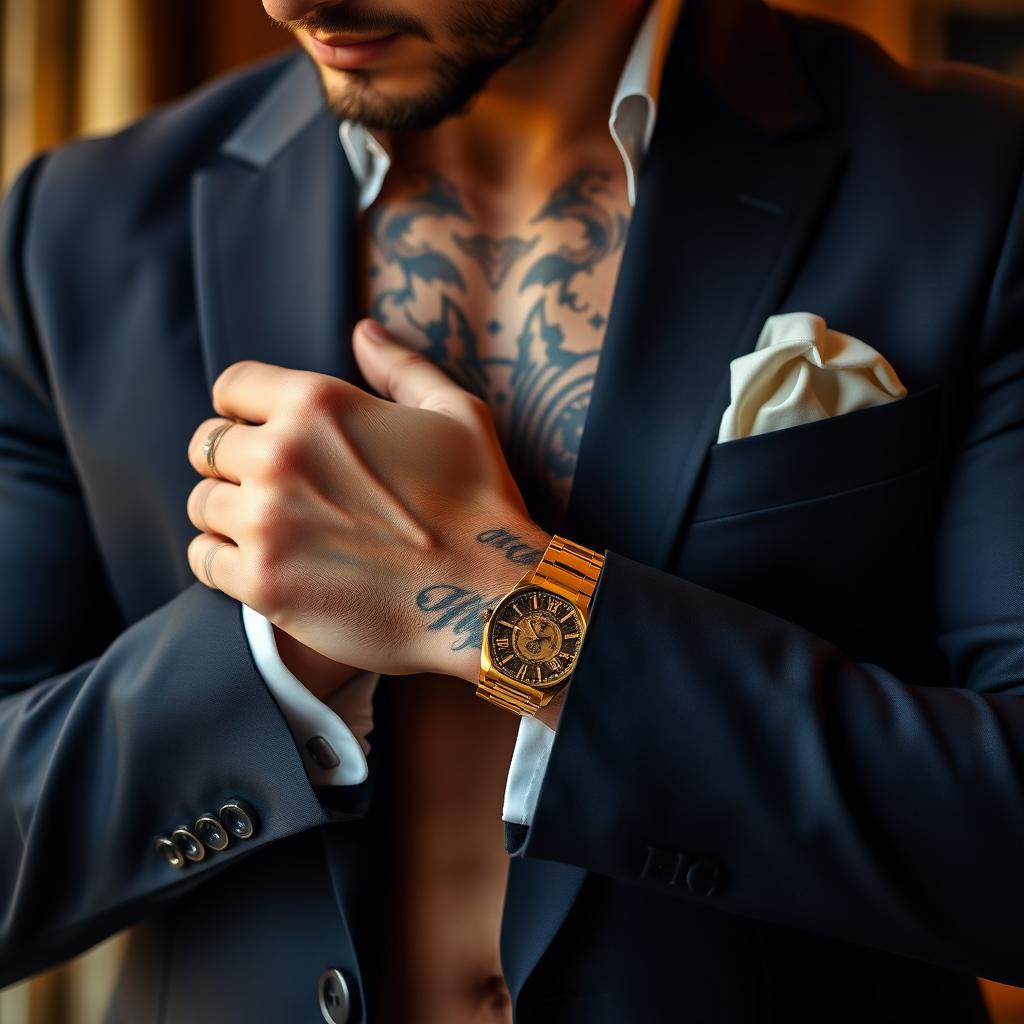 A 30-year-old man in an expensive tailored suit, showcasing only his torso as he adjusts his elegant cufflinks