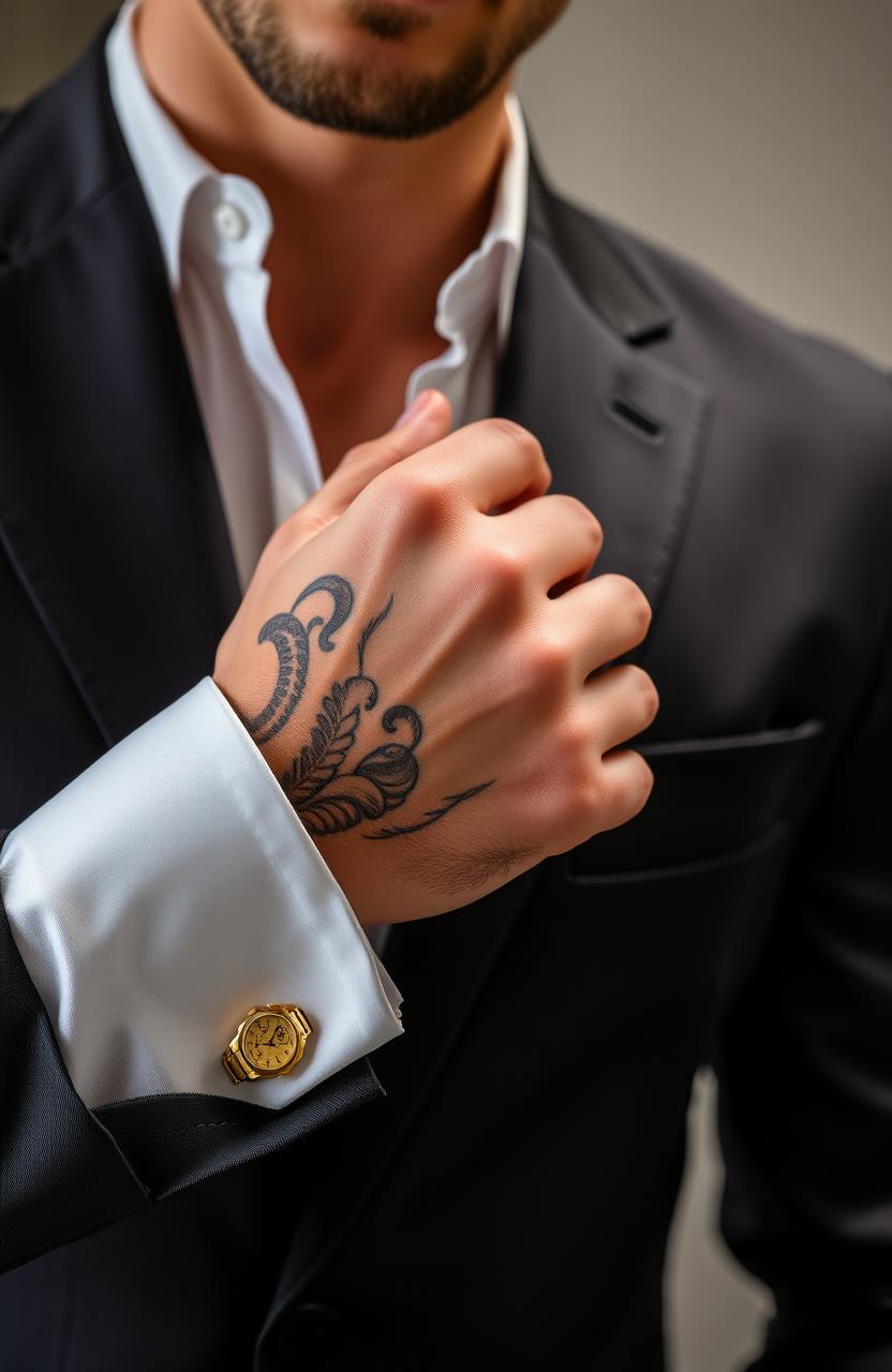 A close-up shot of a well-built male torso dressed in an expensive, tailored suit