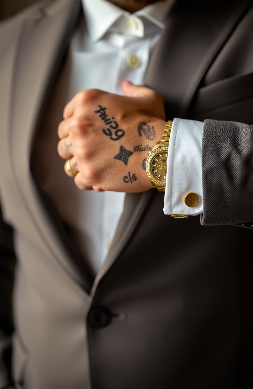 A close-up of a well-built male torso dressed in an expensive tailored suit, with a focus on the intricate cufflinks he is adjusting