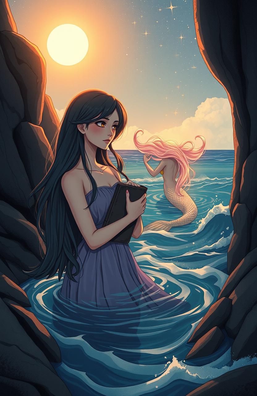 A poignant illustration of a human girl in a secluded cove, surrounded by rugged cliffs and gentle waves