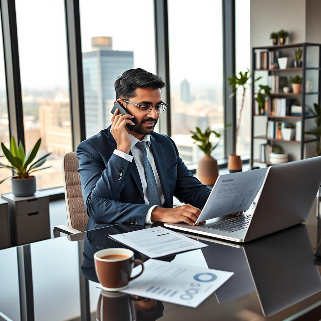 A modern office setting featuring a confident financial consultant at a sleek desk