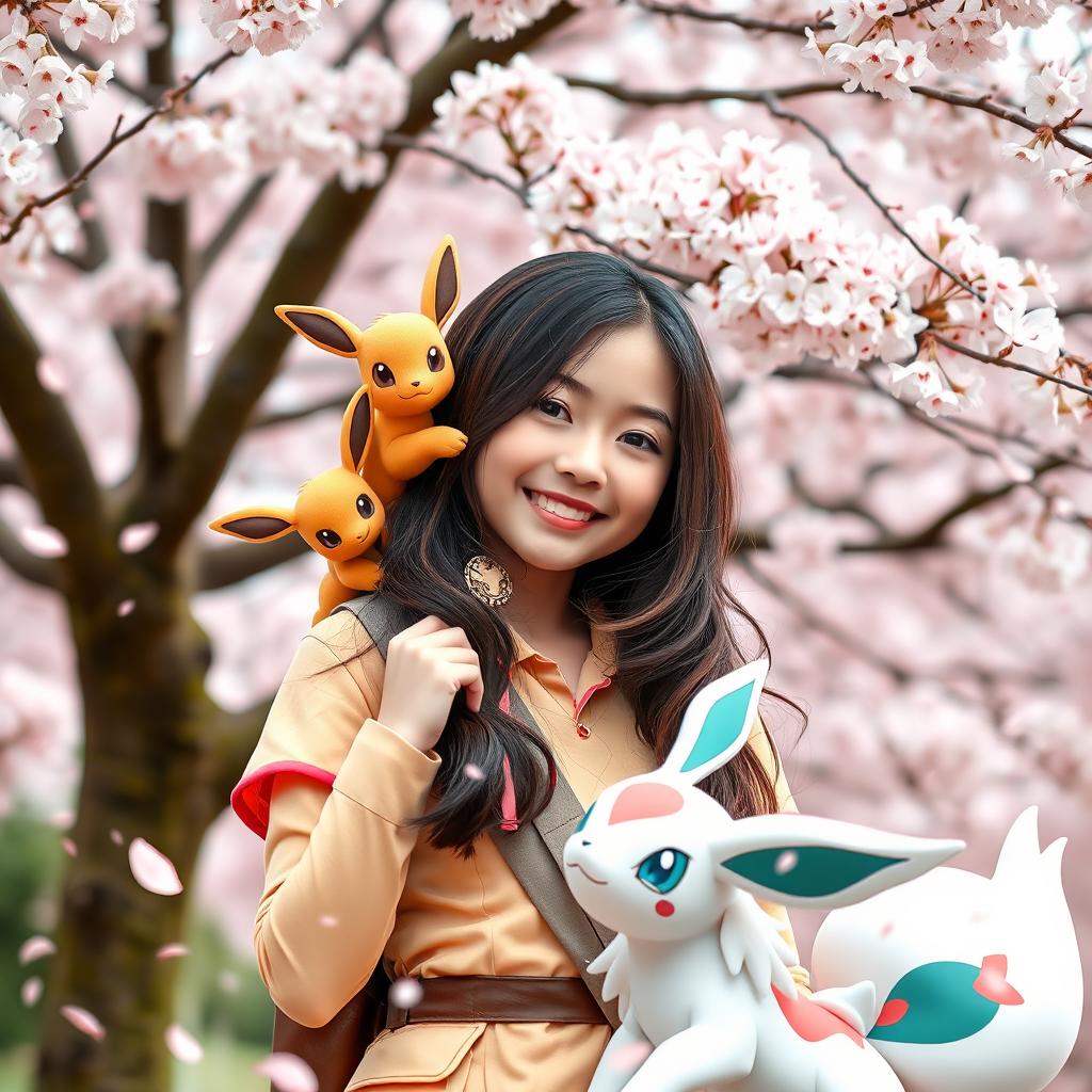 A portrait of a dark brown haired Asian girl, dressed as a Pokémon trainer, joyfully interacting with her Pokémon