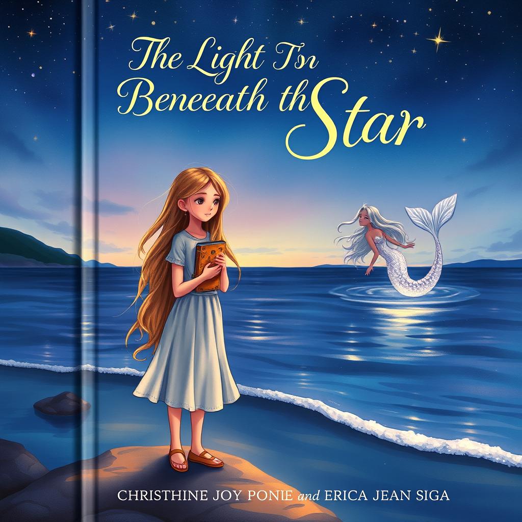 A beautifully illustrated book cover featuring a human girl standing on the shore of a serene cove at twilight