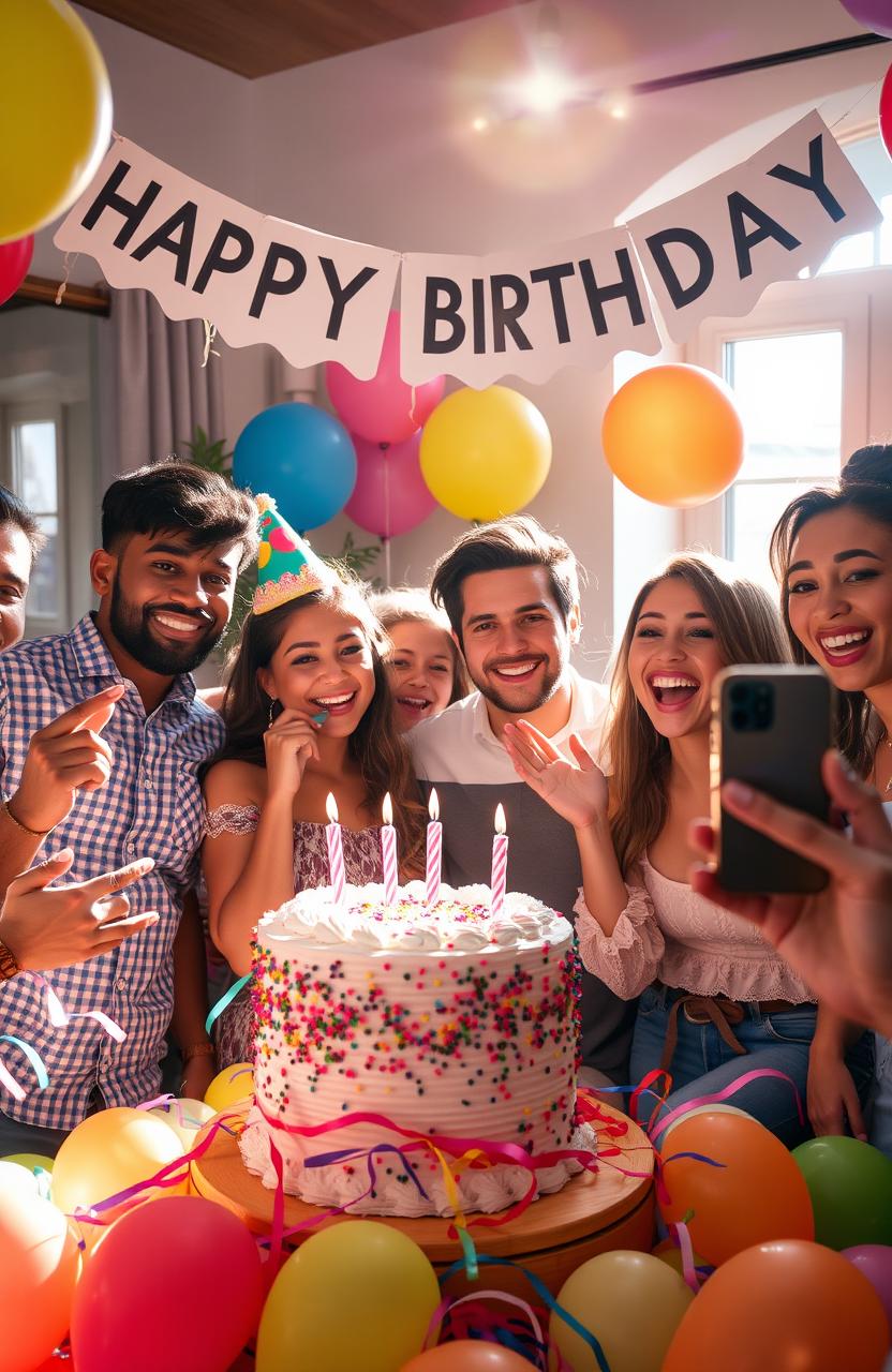 A joyful and vibrant birthday party scene featuring a group of friends celebrating together