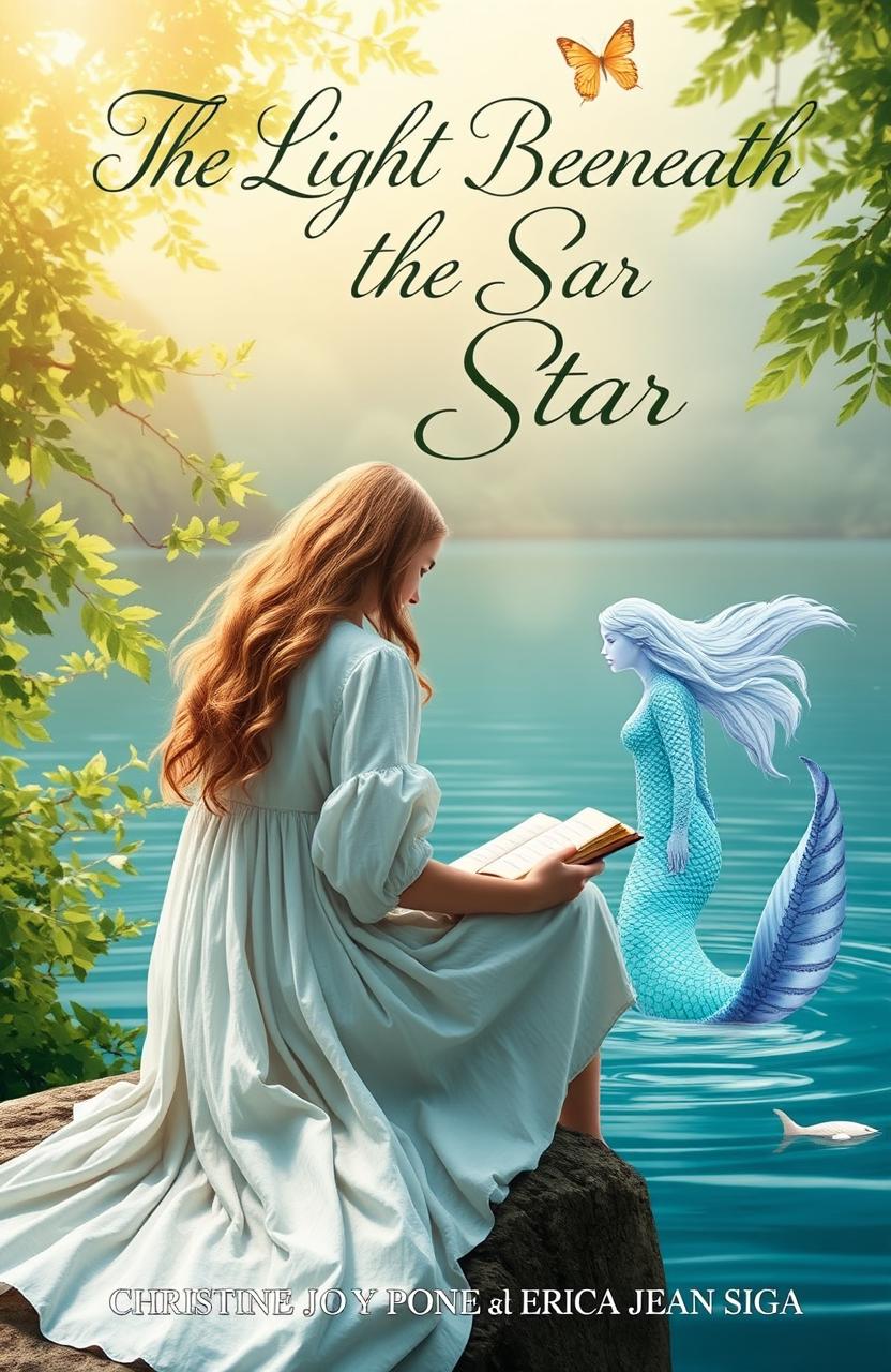 Book cover for 'The Light Beneath the Star' featuring a human girl sitting at the edge of a serene cove, with soft, golden sunlight filtering through the trees