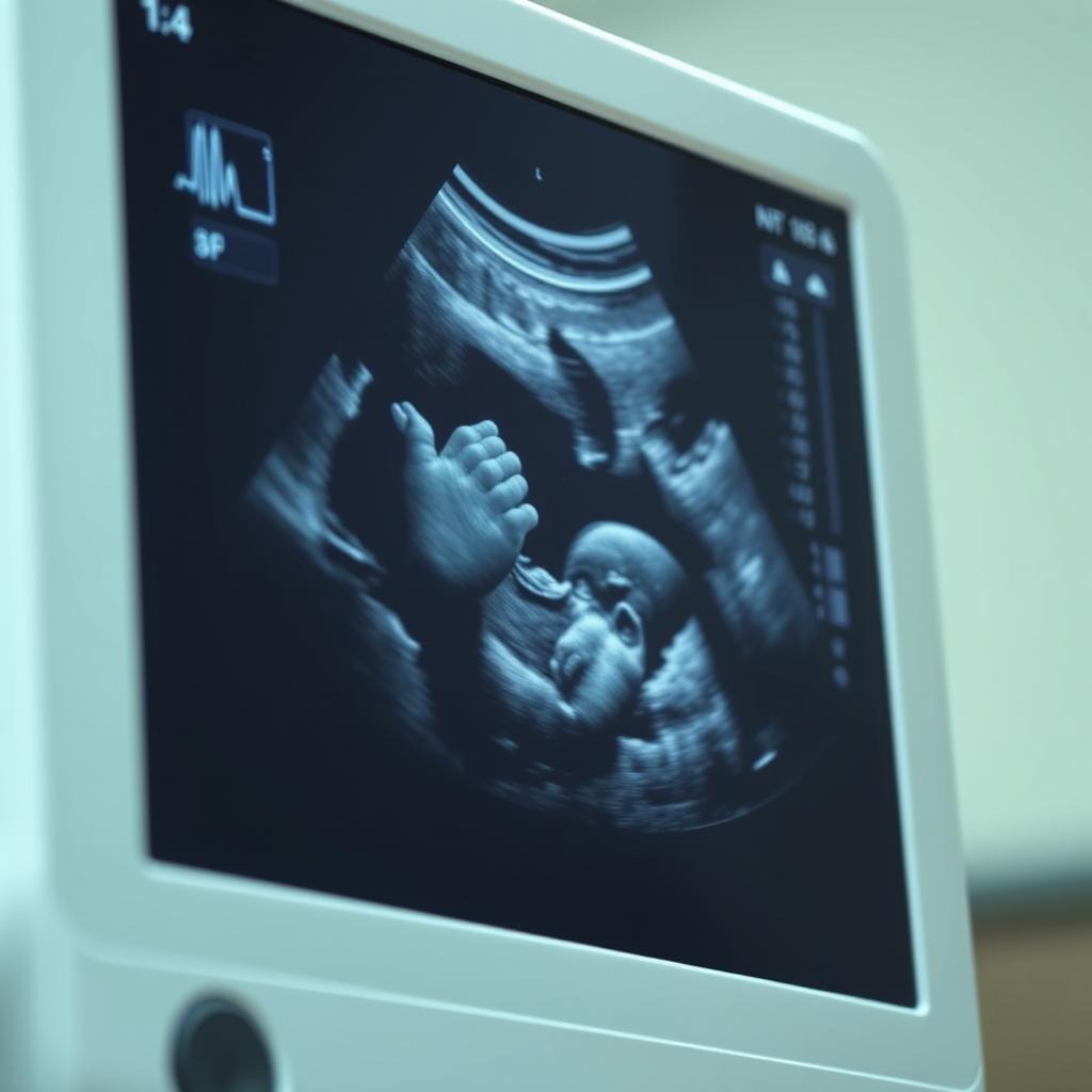 A detailed ultrasound image showing a serene scene of a baby's profile, with soft contours of the face and a delicate outline