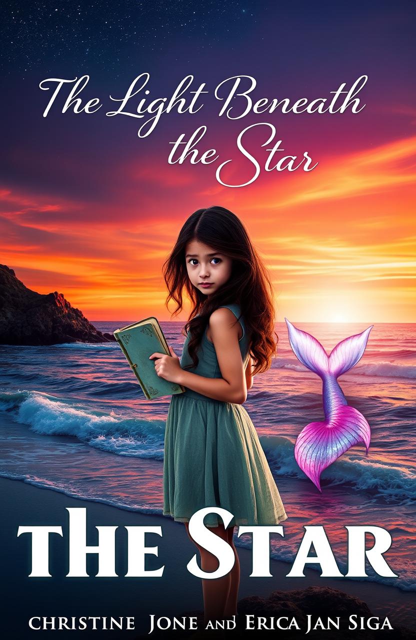A captivating book cover titled 'The Light Beneath the Star', featuring a serene cove scene during a stunning sunset